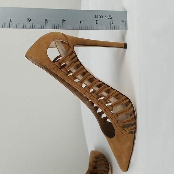 Tamara Mellon Tan Neutral Suede Braided Pointed Toe Pump Heels Size 8 - Picture 12 of 12